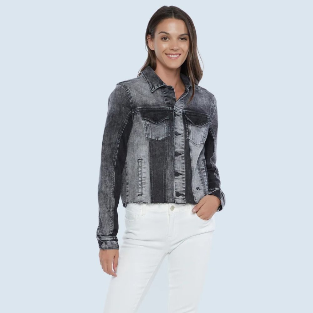 NWT Wash Lab Denim Pieced Dyed Denim Trucker Jacket in Grey Size L #741